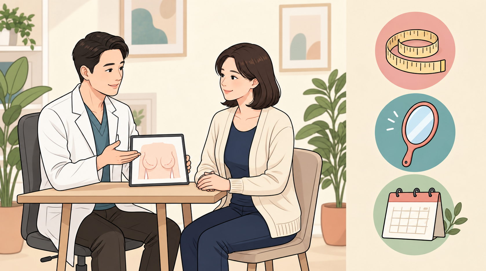 유방하수 상담실에서 의사와 여성 환자가 가슴 라인에 대해 상담하는 모습, 줄자와 거울 아이콘