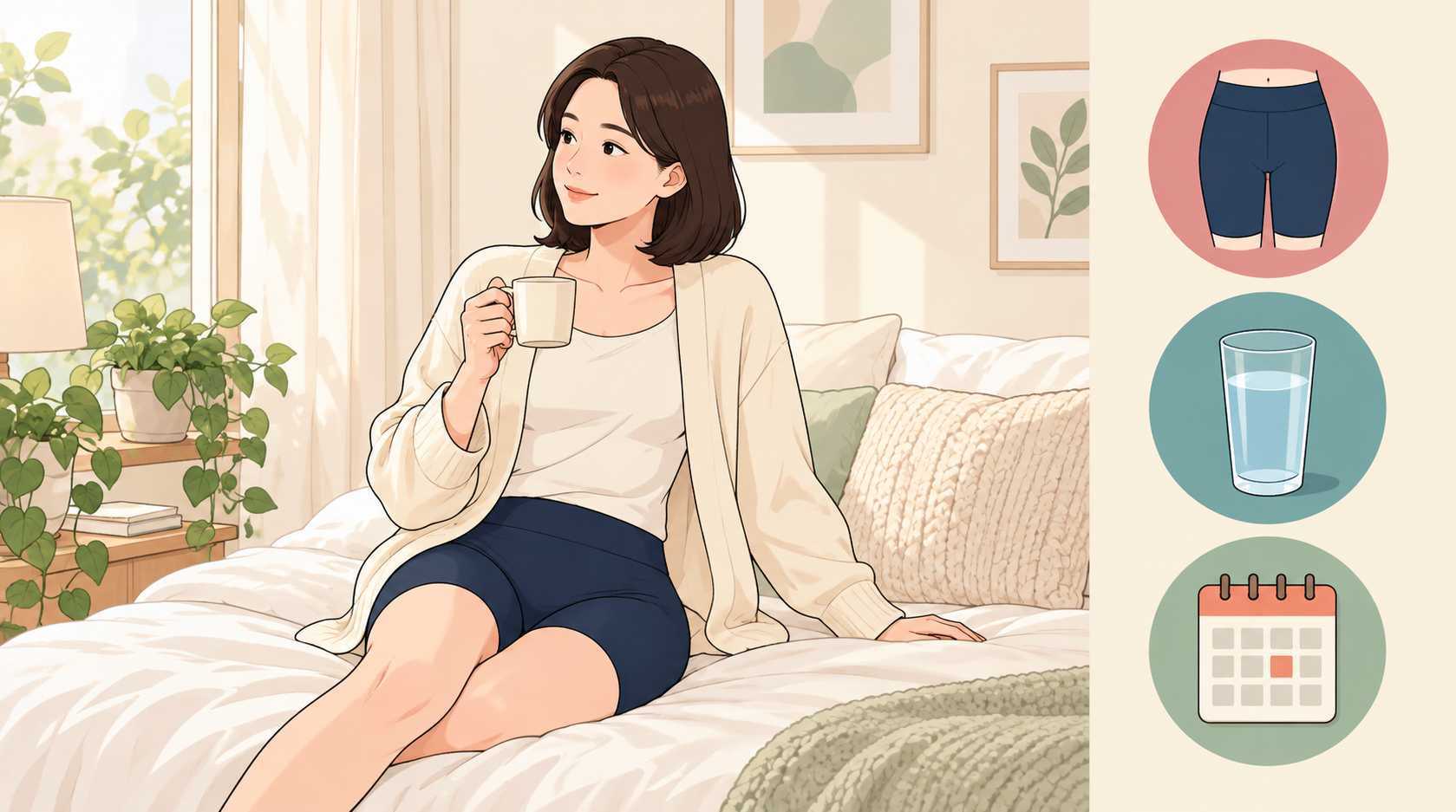 유방하수 지방흡입 회복 중 압박복을 착용하고 집에서 편안히 쉬는 여성, 물잔과 달력 아이콘