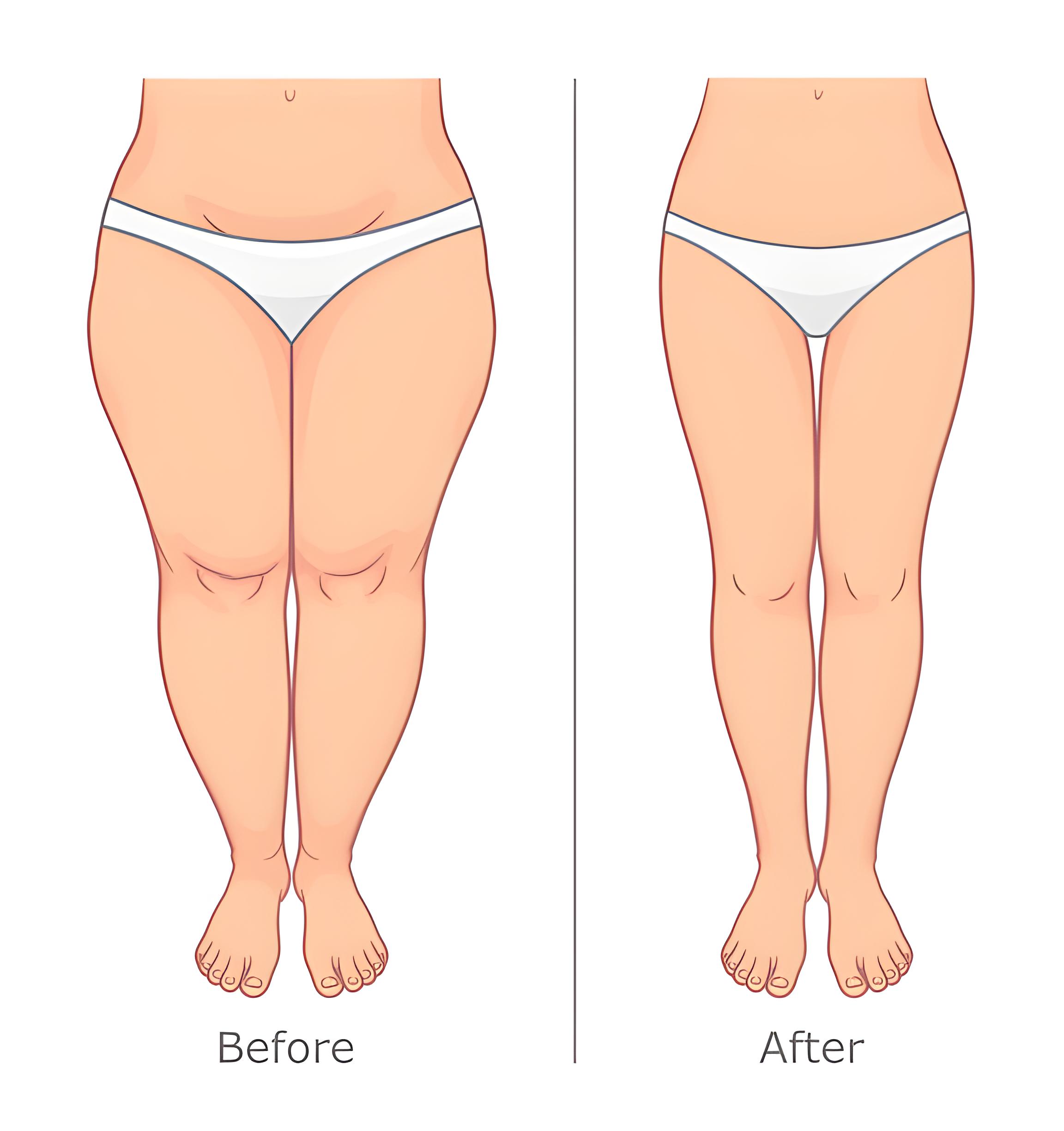 허벅지 지방흡입 전후 라인 변화를 보여주는 안쪽 라인 비교 일러스트