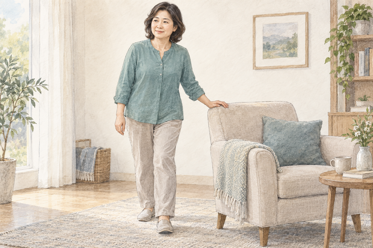 회복 초기에 의자 옆에서 천천히 움직이는 여성 일러스트