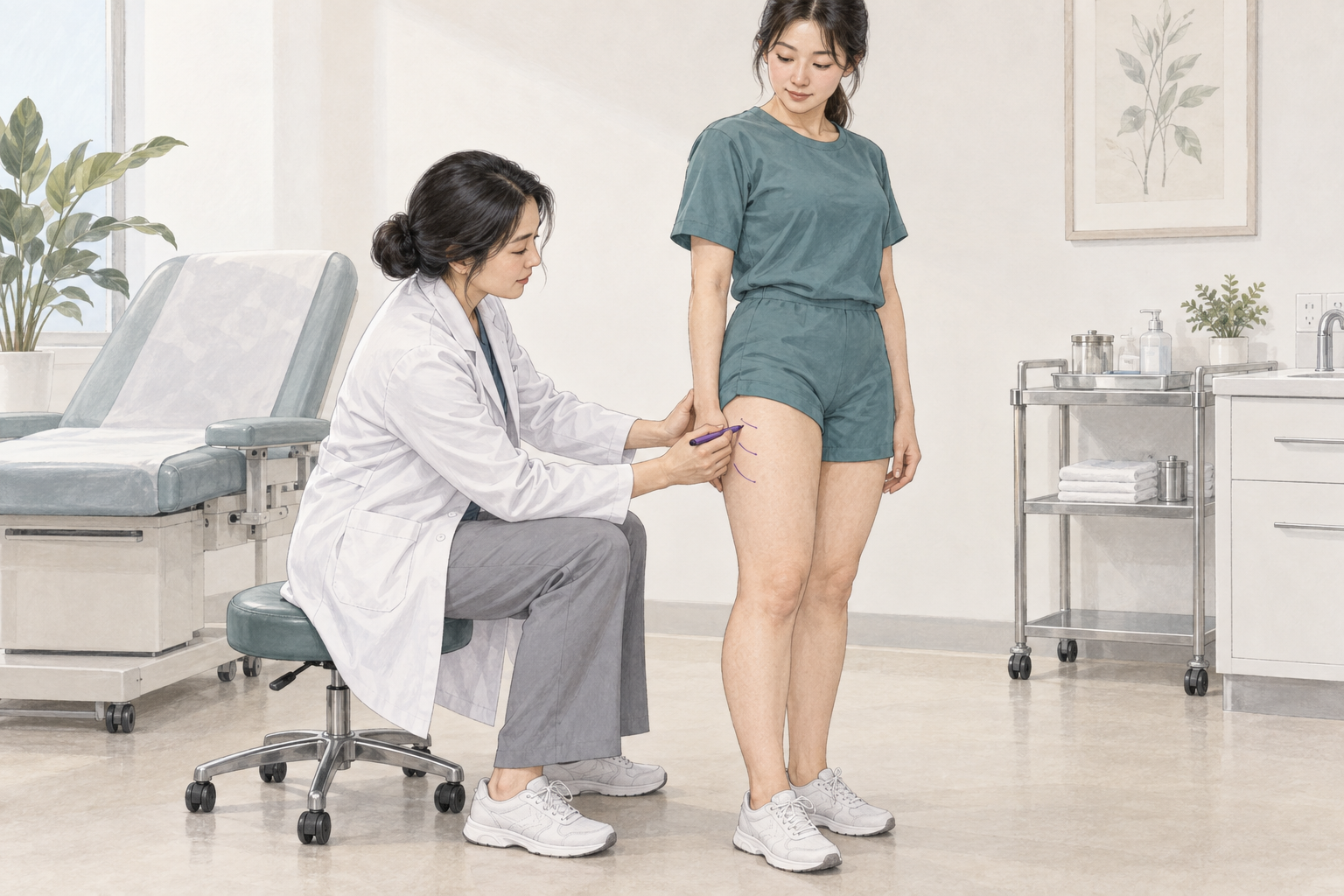 수술 전 허벅지의 시술 범위를 표시하는 준비 과정 일러스트