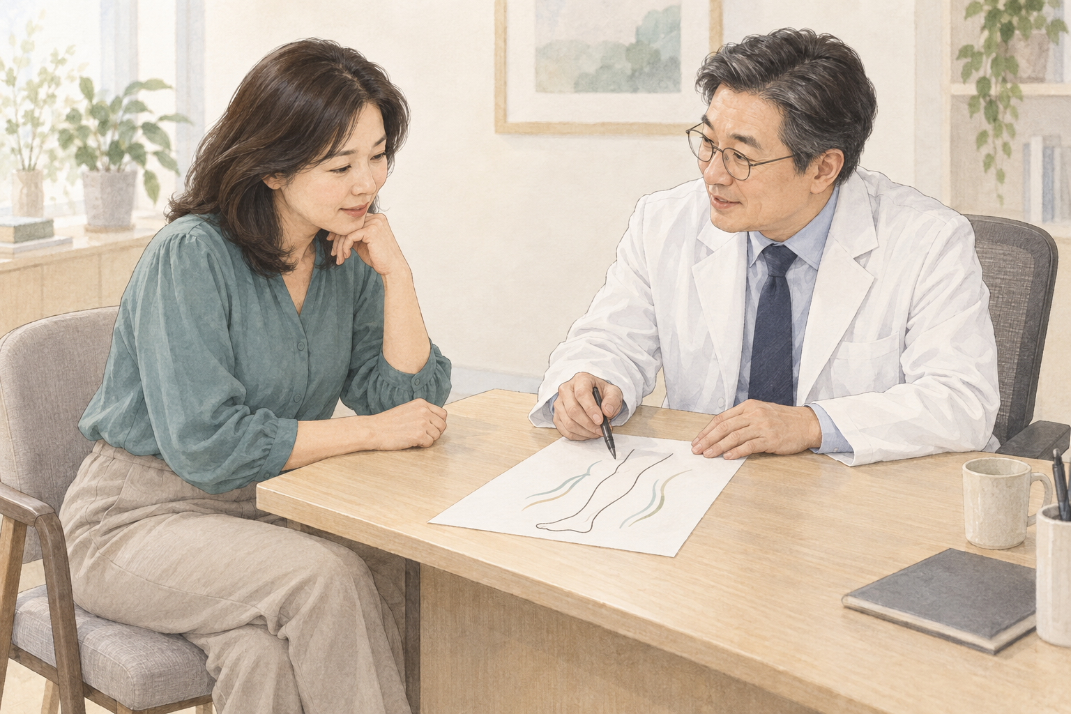 의료진과 시술 범위와 회복 계획을 상담하는 여성 일러스트