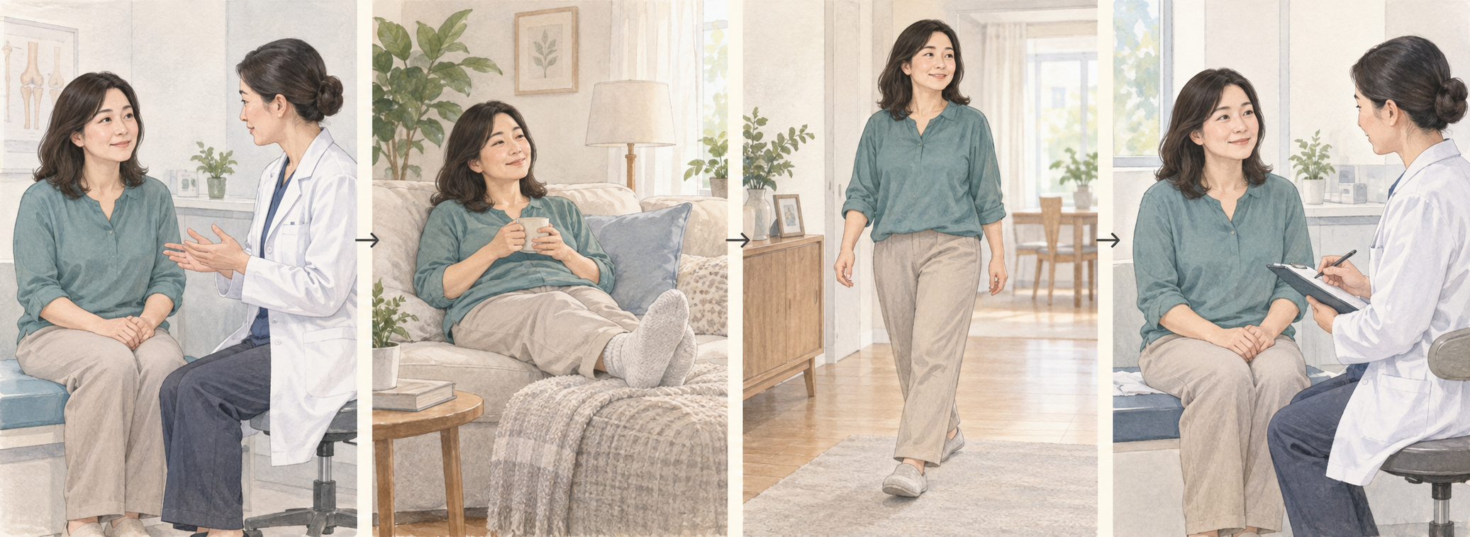 관리 안내와 휴식, 가벼운 일상, 경과 상담으로 이어지는 회복 단계 일러스트