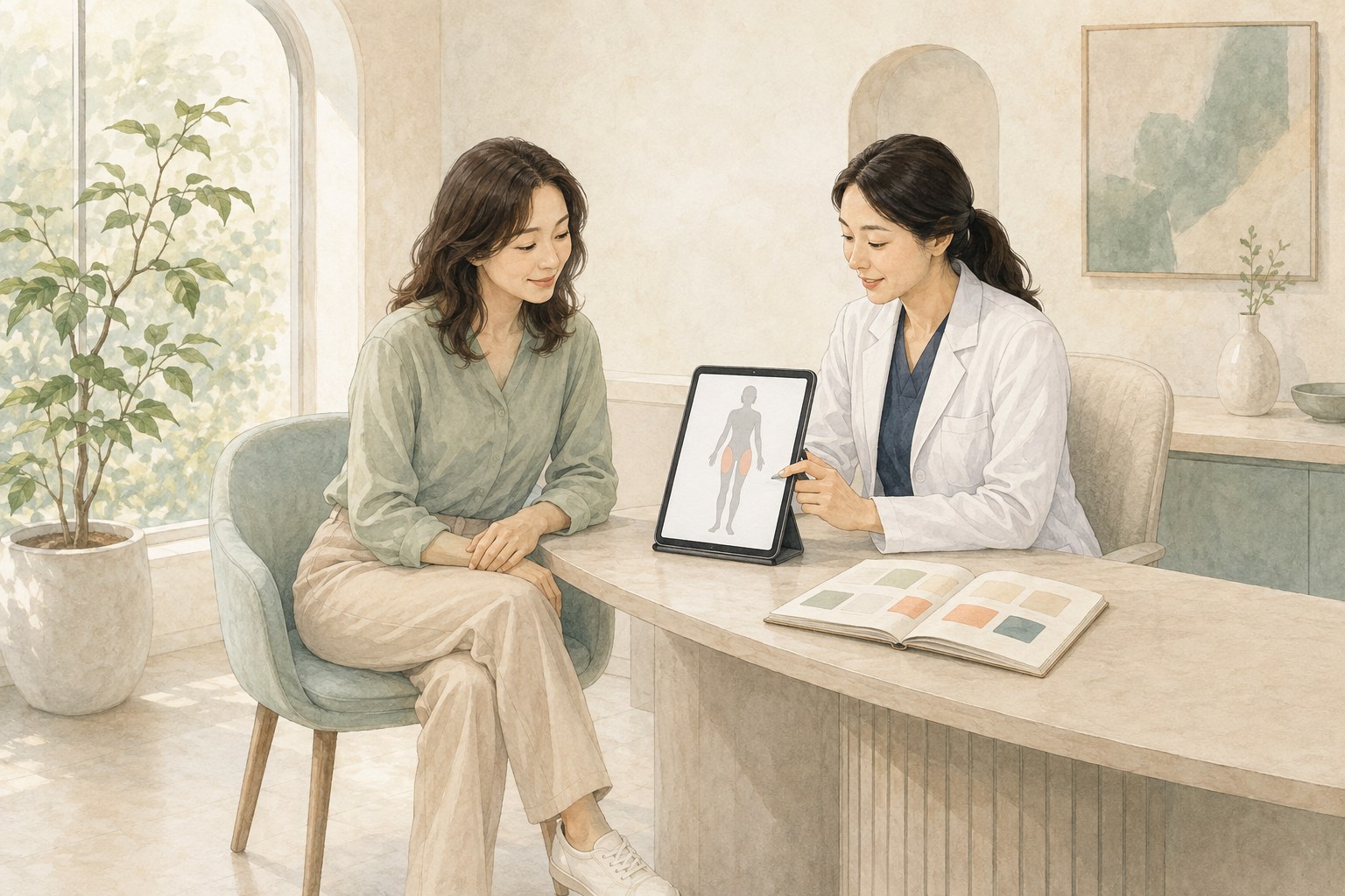 체형과 지방 분포 및 회복 계획을 의료진과 상담하는 설명용 가상 일러스트
