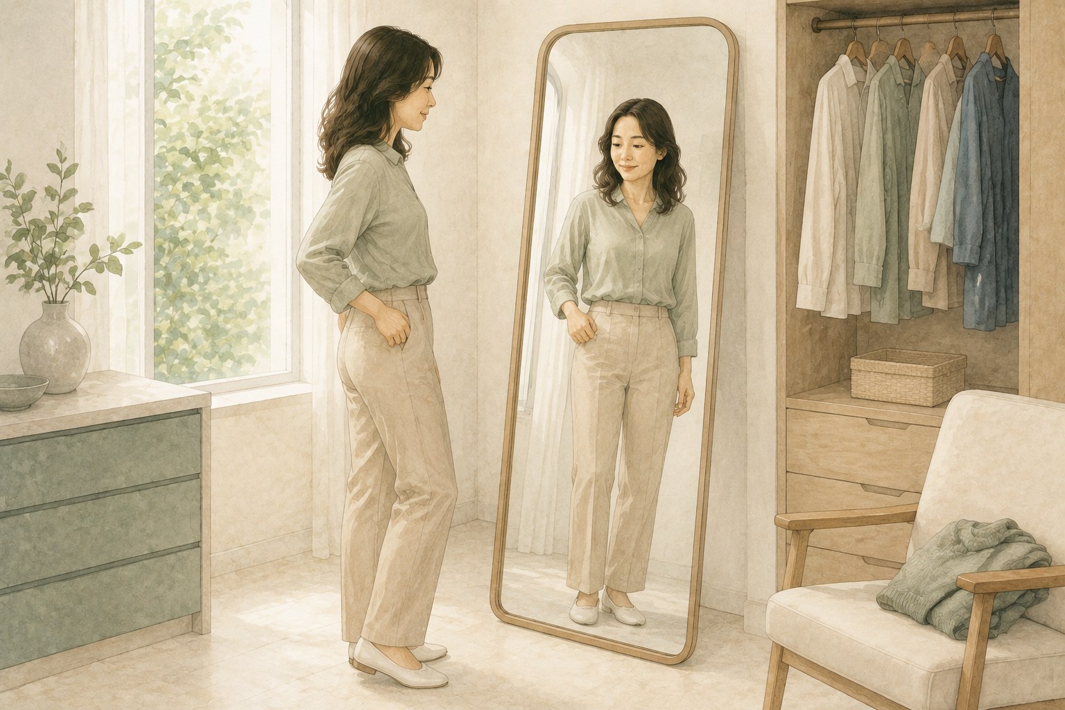 일상복을 입어보며 착용감을 살펴보는 설명용 가상 일러스트