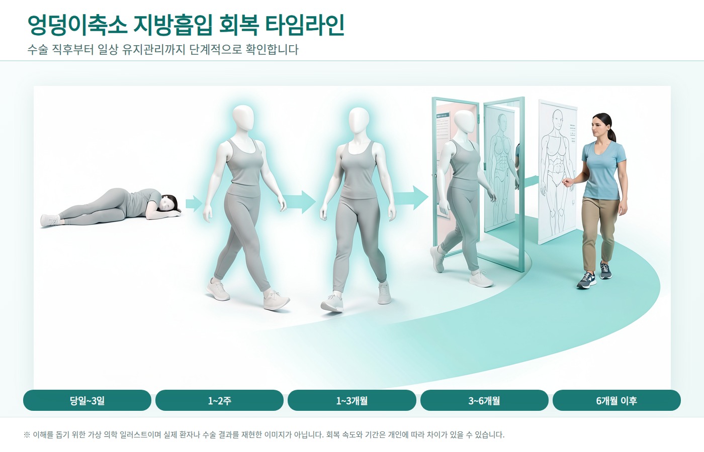 엉덩이축소 지방흡입 회복 과정을 다섯 단계로 보여주는 가상 의학 인포그래픽