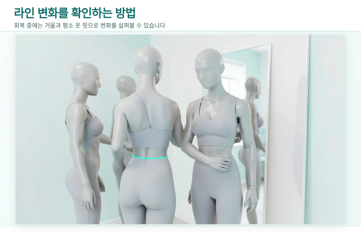 거울과 옷 핏으로 엉덩이 라인 변화를 살펴보는 가상 의학 일러스트