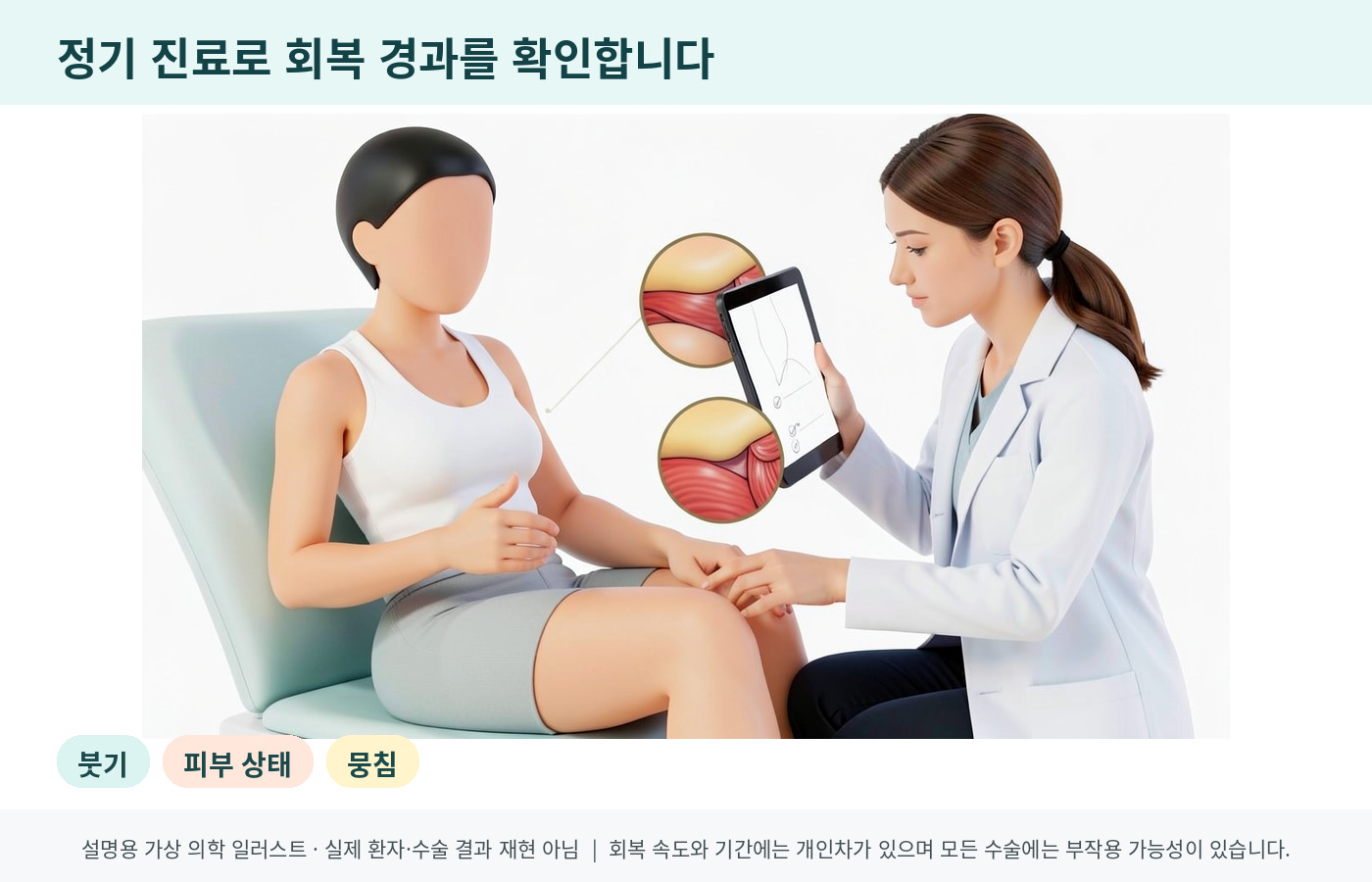허벅지 지방흡입 후 정기 진료로 회복 경과를 확인하는 의료 인포그래픽