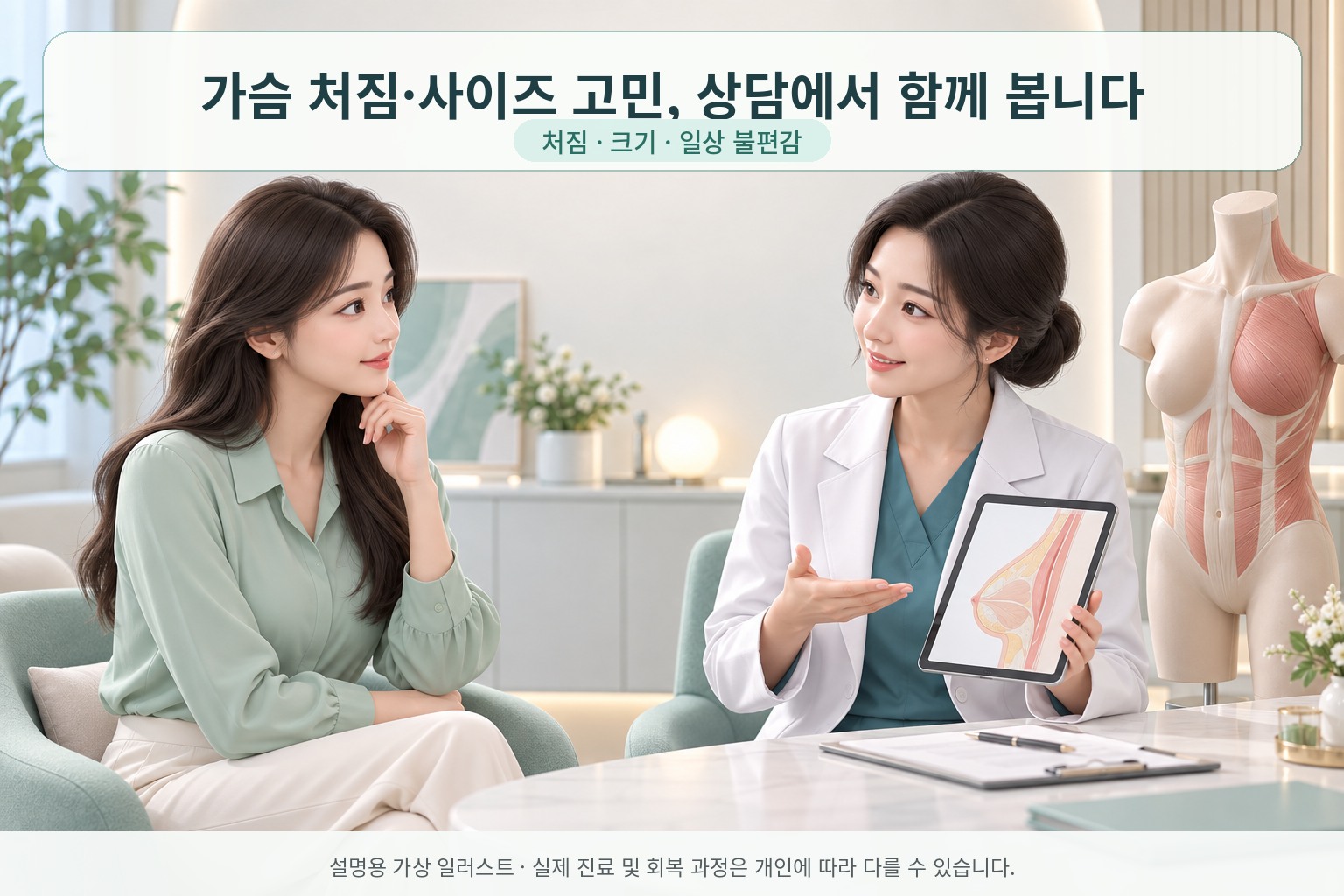 가슴 처짐과 사이즈 고민을 의료진과 상담하는 설명용 가상 일러스트