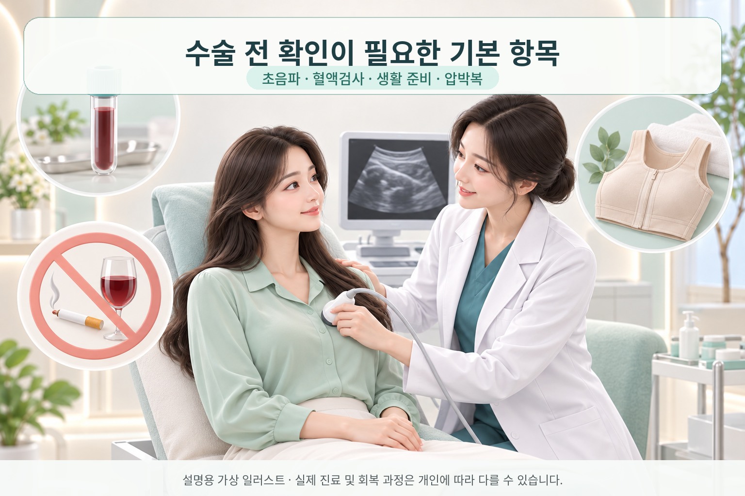 유방 지방흡입 수술 전 초음파와 혈액검사, 생활 준비, 압박복을 안내하는 인포그래픽
