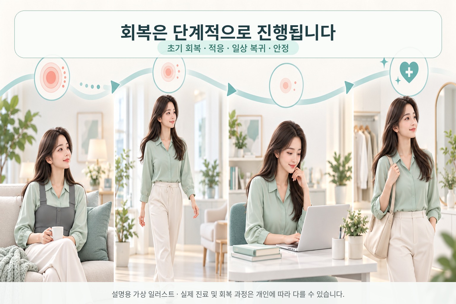 유방 지방흡입 후 단계적인 회복과 일상 복귀 과정을 보여주는 설명용 인포그래픽