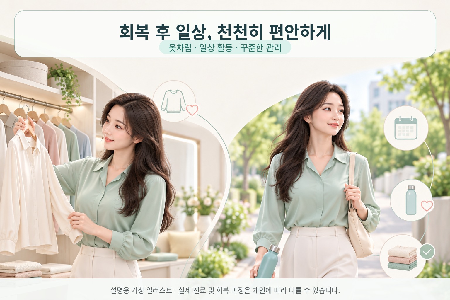 회복 후 옷차림과 일상 활동, 꾸준한 관리를 보여주는 설명용 가상 일러스트
