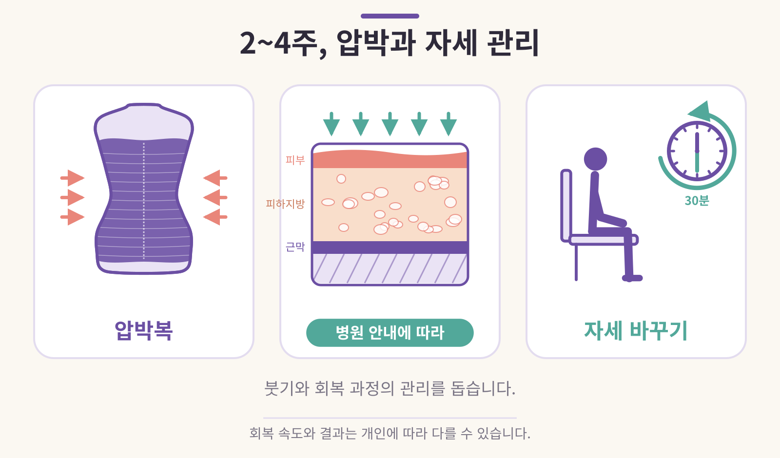 복부 지방흡입 2~4주 압박복과 자세 관리 의학 인포그래픽