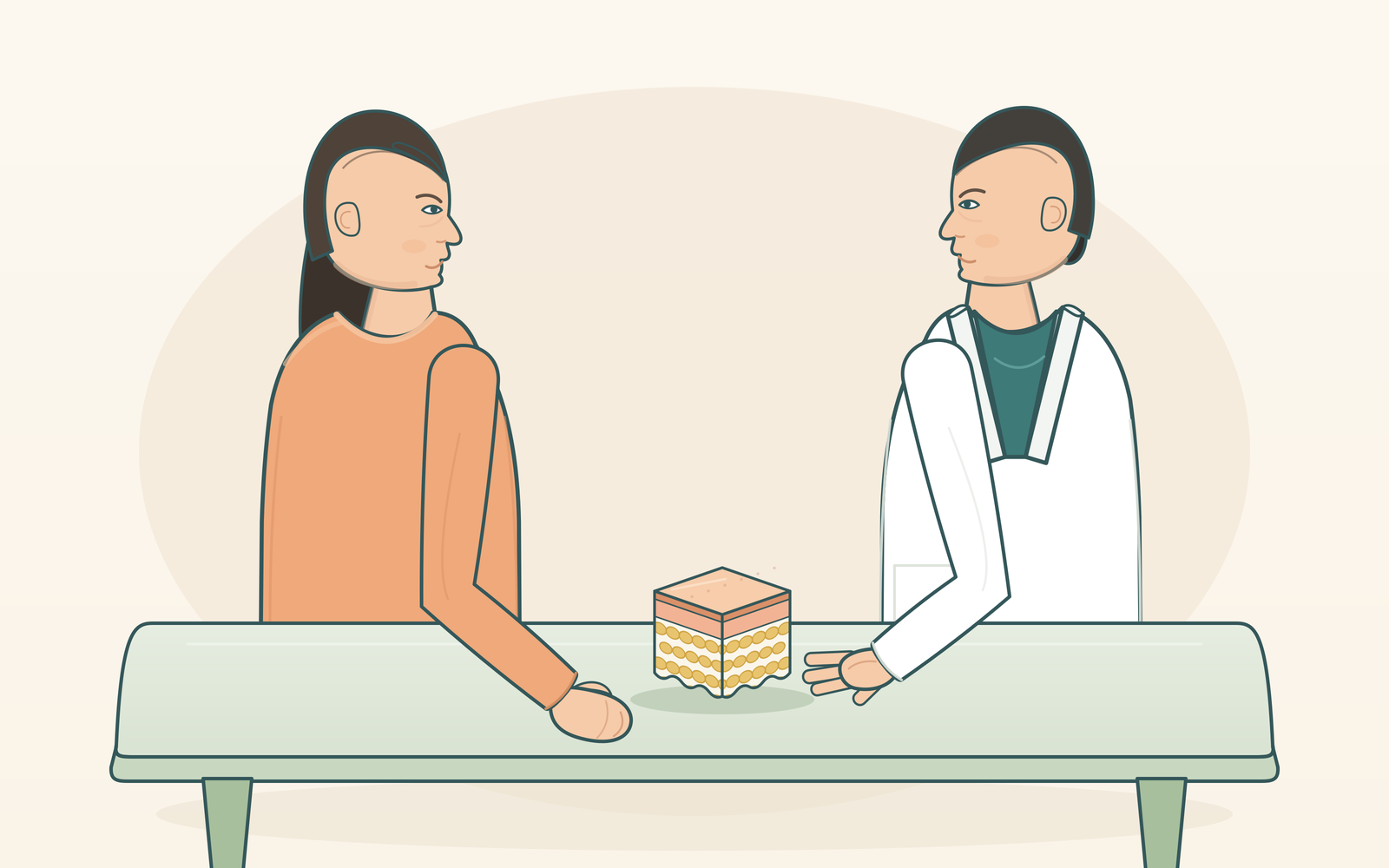 유방 크기와 처짐에 대한 고민을 의료진과 상담하는 가상 성인 여성 일러스트