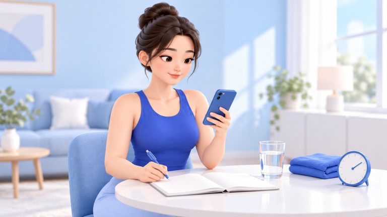 여성이 휴대폰과 노트를 보며 수술 후 회복 문의 내용을 정리하는 3D 만화풍 일러스트