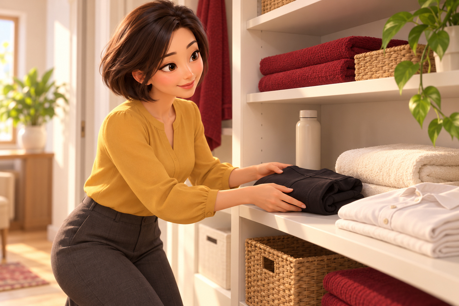 회복기에 필요한 압박복과 갈아입을 옷을 정리하는 여성