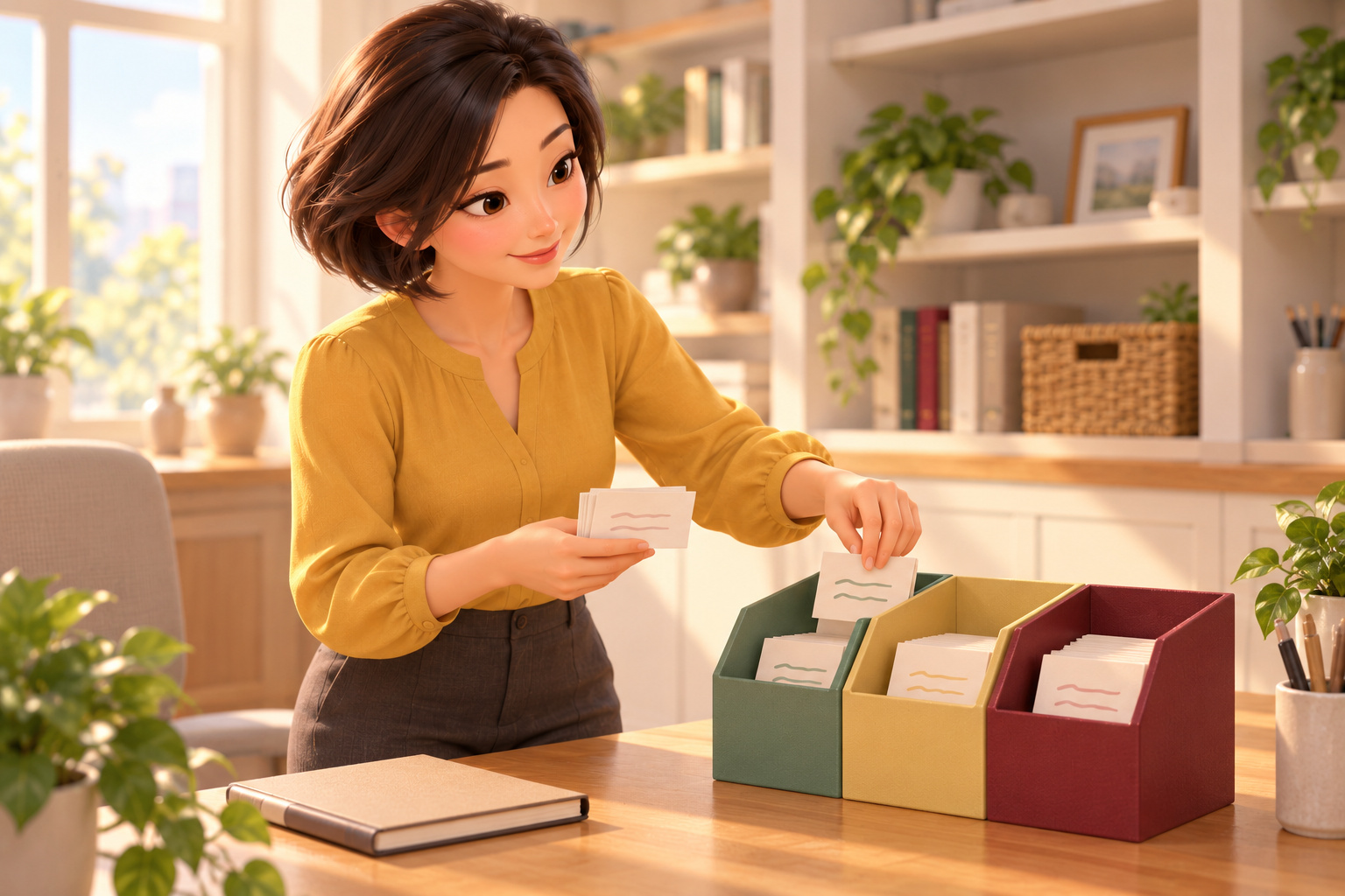 일상 활동과 경과 관찰, 문의할 사항을 세 칸으로 나누어 정리하는 여성
