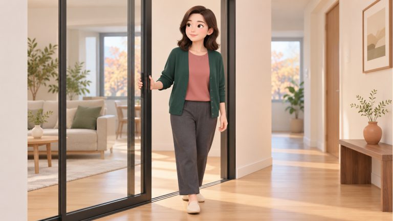 회복 중 집 안에서 문을 열고 가볍게 움직이는 여성