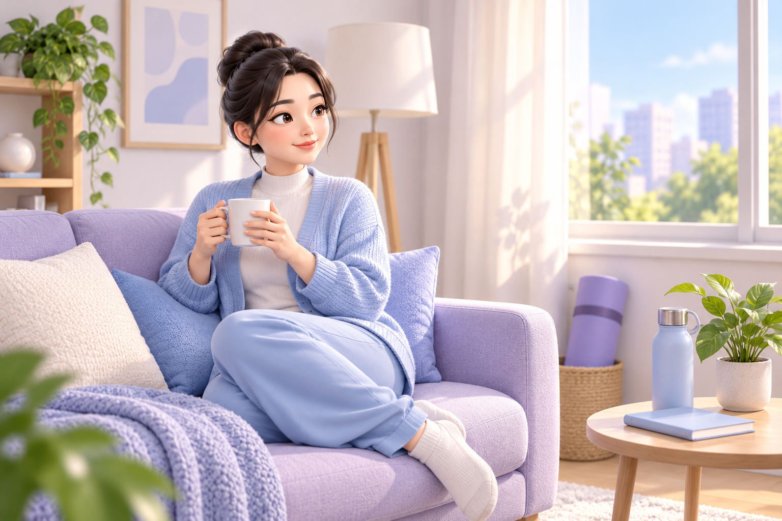 거실 소파에서 차를 들고 편안히 쉬는 성인 여성을 그린 3D 만화 일러스트