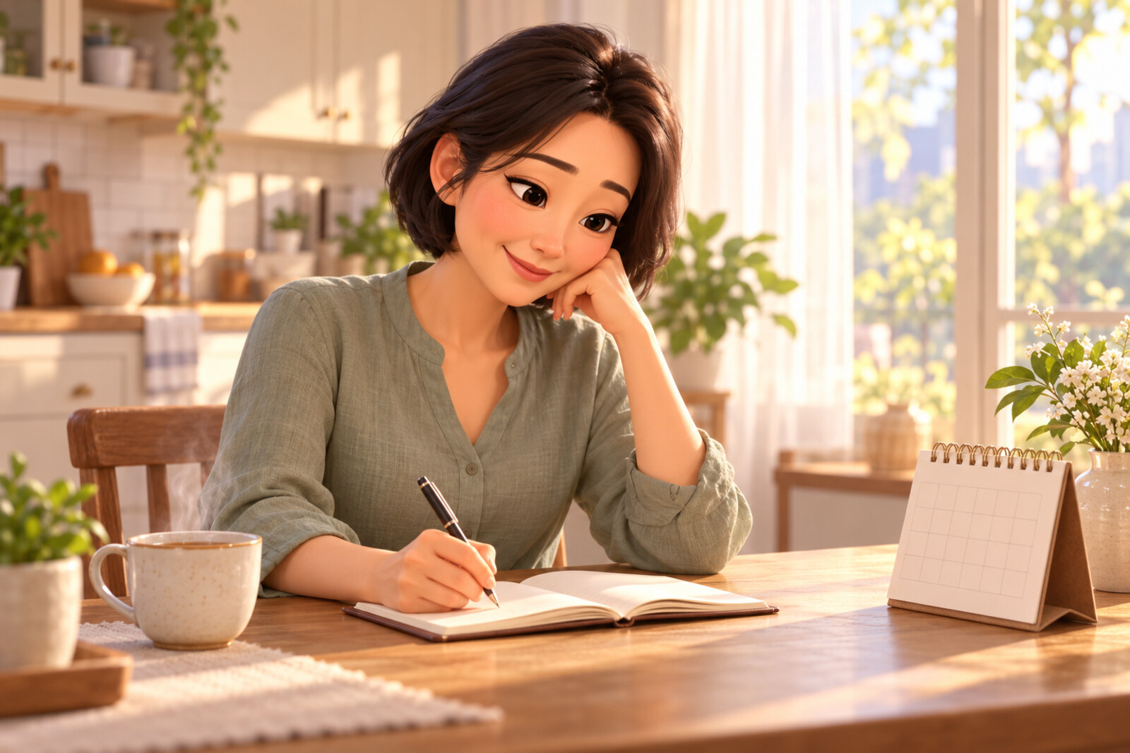 창가 식탁에서 수첩에 회복 기록을 적는 여성