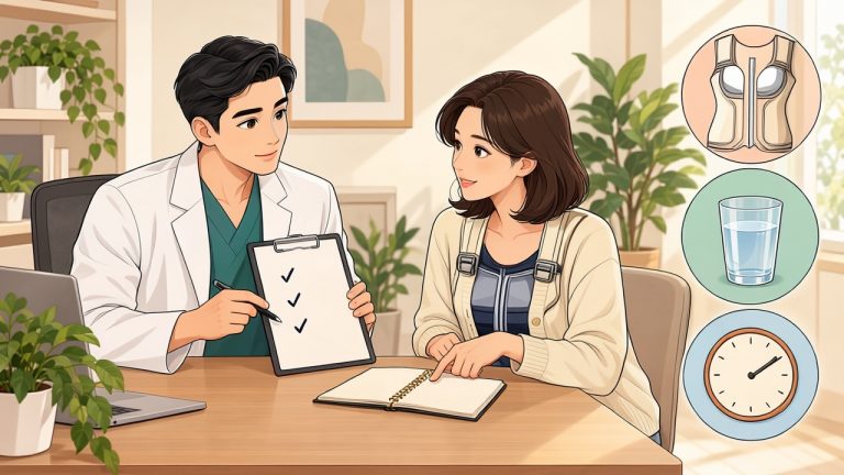 유방처짐 표층 지방흡입 회복 점검 항목을 유방 압박복 아이콘과 함께 의료진이 설명하는 웹툰 삽화 — 부천 비너스의원