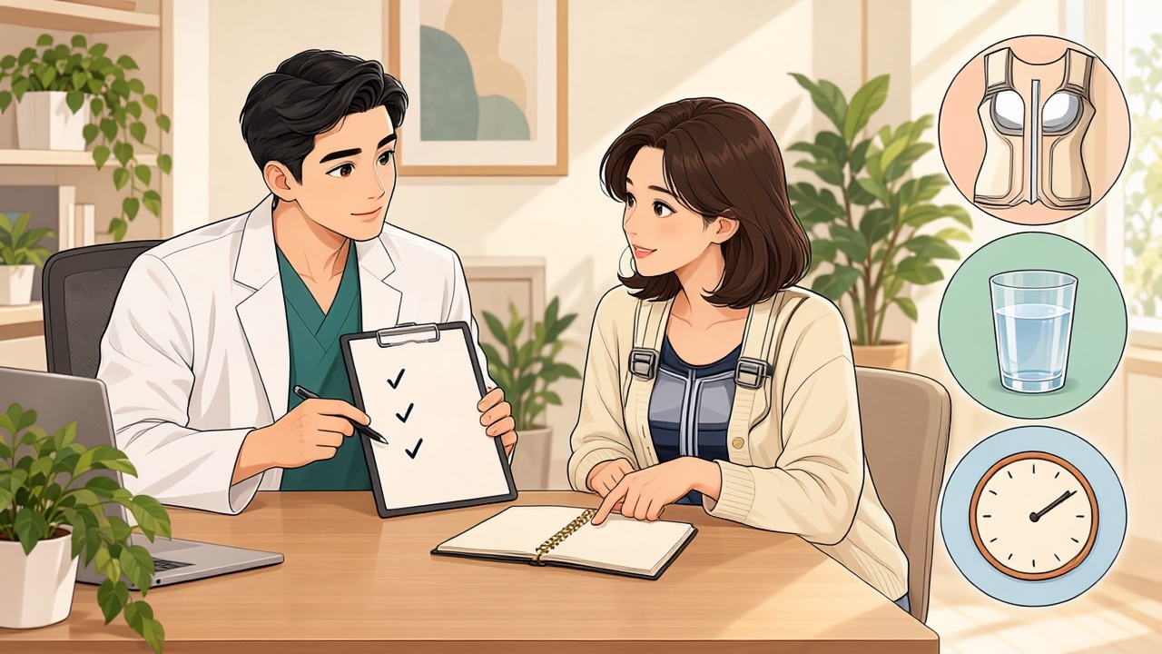 유방처짐 표층 지방흡입 회복 점검 항목을 유방 압박복 아이콘과 함께 의료진이 설명하는 웹툰 삽화 — 부천 비너스의원