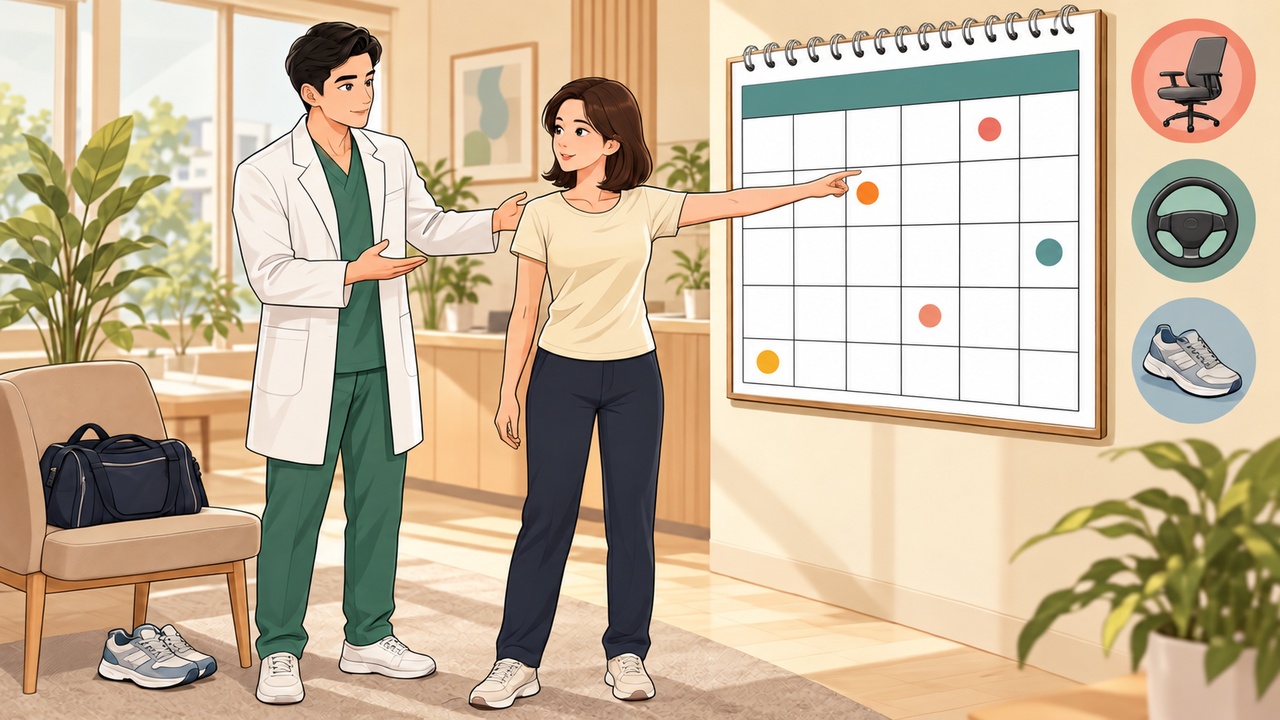 유방처짐 표층 지방흡입 후 일상 복귀 일정을 월간 달력으로 의료진과 확인하는 웹툰 삽화 — 부천 비너스의원