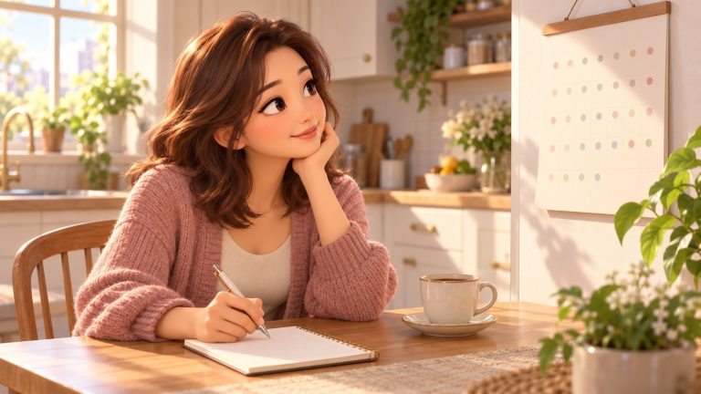 달력을 보며 회복 일정과 상담 질문을 정리하는 여성의 3D 애니메이션풍 일러스트