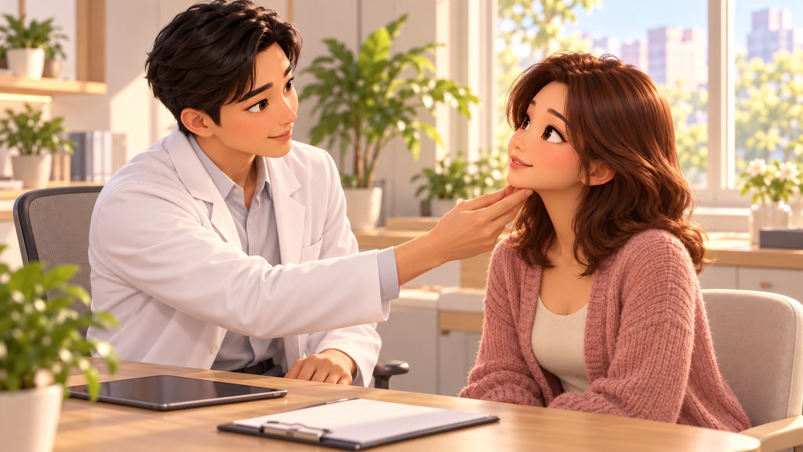 의사가 턱 아래와 턱선을 살피며 진찰 상담을 하는 3D 애니메이션풍 일러스트