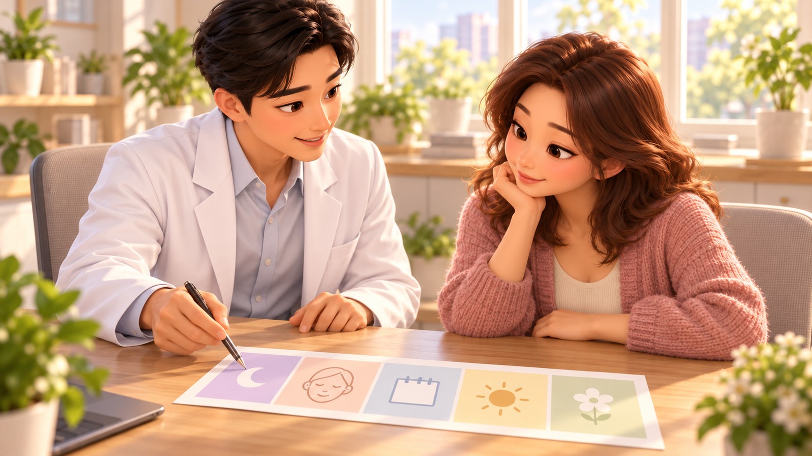 상담실에서 다섯 회복 구간의 관리와 일정을 함께 계획하는 3D 애니메이션풍 일러스트