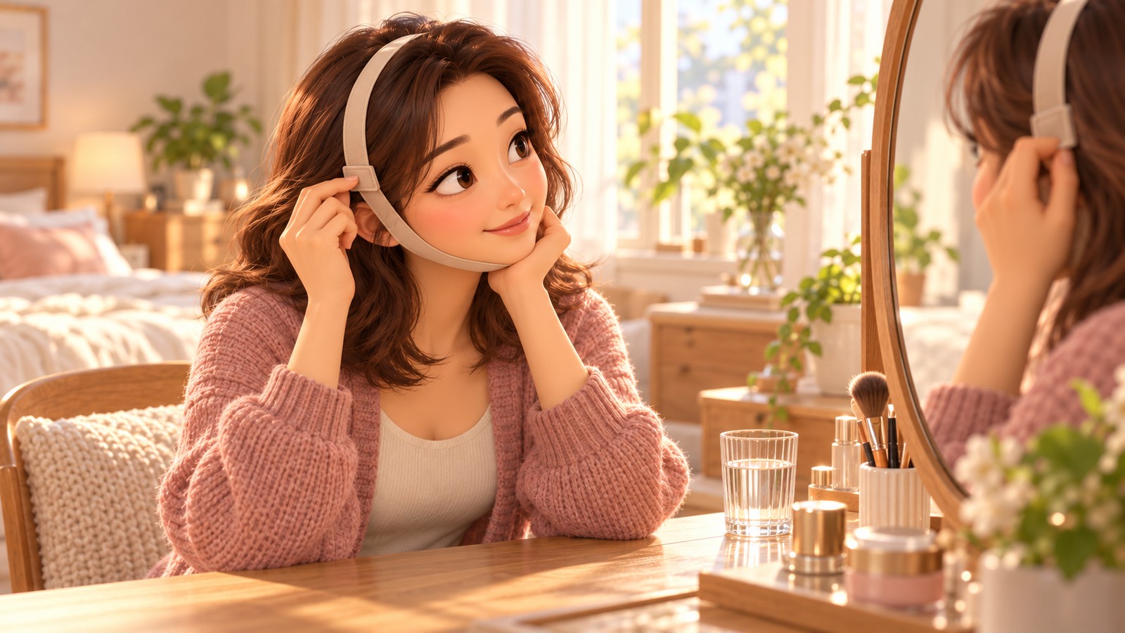 턱 아래를 지지하는 얇은 밴드를 착용하고 거울 앞에서 조절하는 여성의 3D 애니메이션풍 일러스트