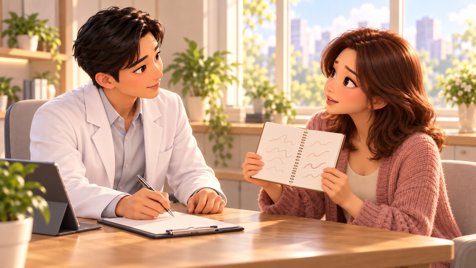 걱정되는 변화를 적은 기록을 가지고 병원에서 상담하는 여성의 3D 애니메이션풍 일러스트