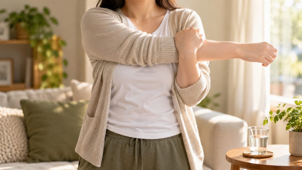 집 거실 창가에서 가벼운 스트레칭으로 팔을 풀어 주는 여성