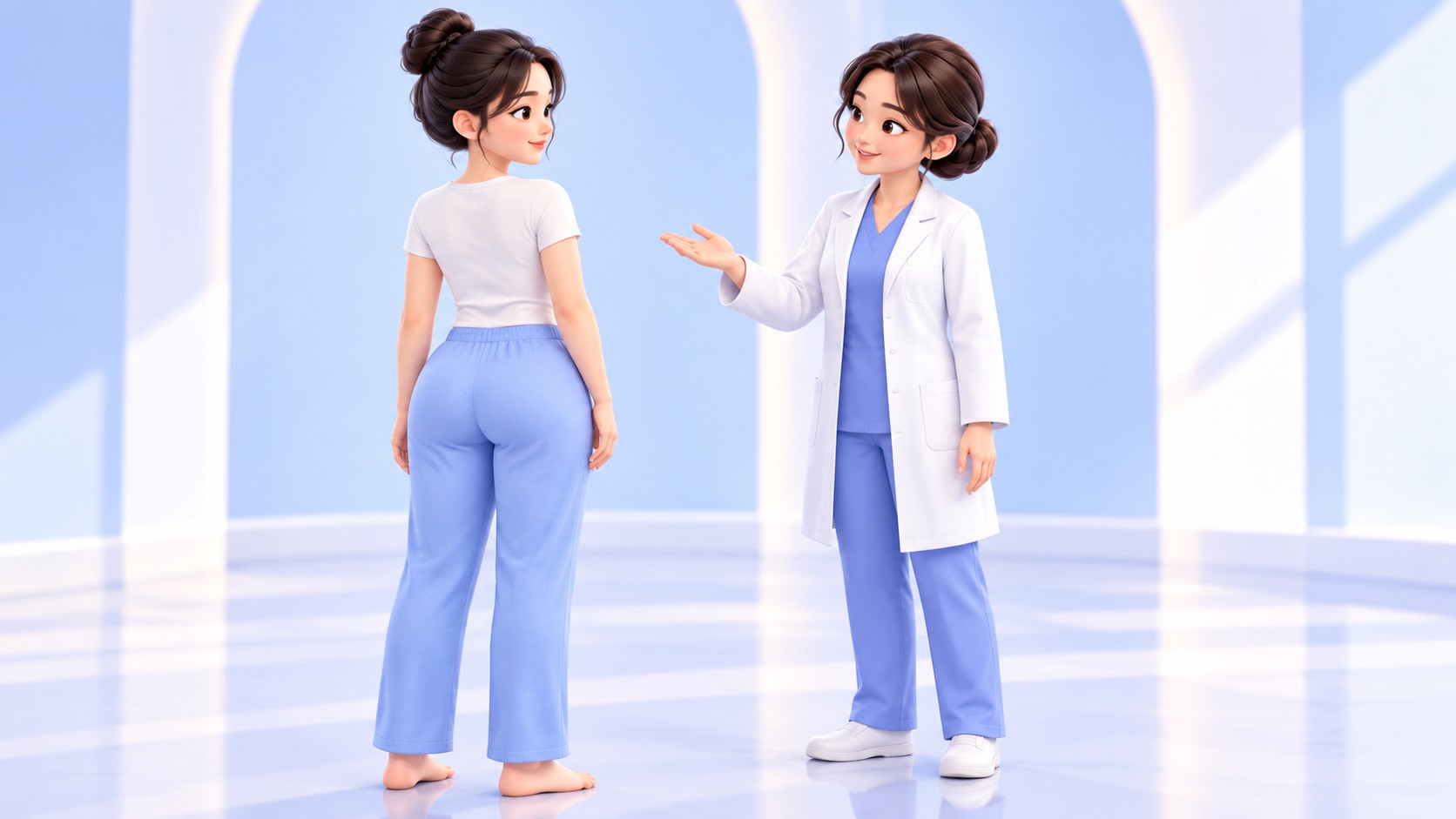 푸른 바지와 밝은 상의를 입은 여성이 편안히 서 있고, 의사가 조금 떨어져서 옷 입은 골반과 엉덩이 윤곽을 살피며 설명하는 후측면 3D 일러스트