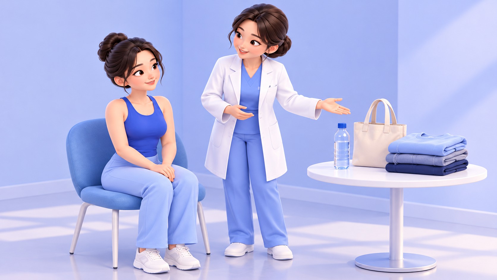 운동복을 입은 여성이 의자에 앉아 미소 지으며 고개를 끄덕이고, 의사가 옆 탁자의 물병·가방·갈아입을 편한 옷을 가리키며 안내하는 상담실 3D 일러스트