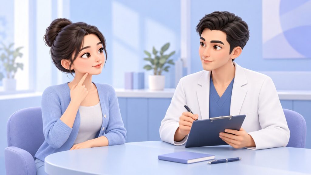 상담실에서 원하는 턱선을 손끝으로 짚어 설명하는 여성과 메모하는 의사