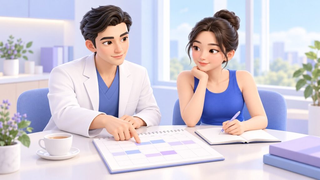창가 테이블에서 의사와 함께 달력에 수술과 회복 일정을 적는 여성