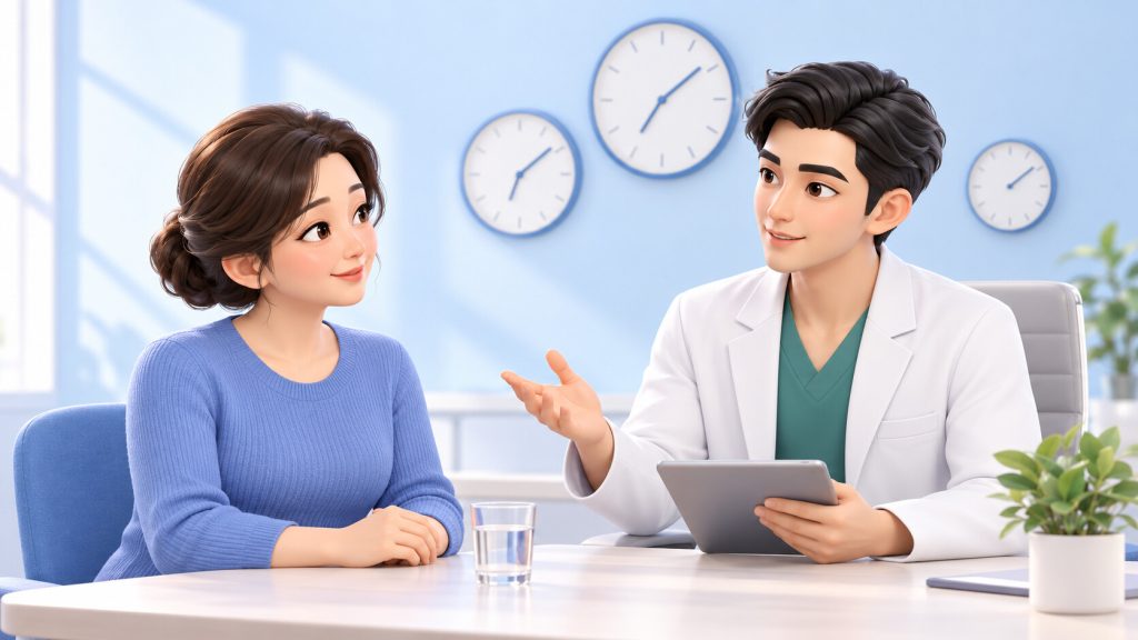 유방하수 지방흡입 상담 장면 — 벽에 걸린 크기가 다른 시계 세 개 앞에서 원장님이 회복 일정을 설명하는 모습