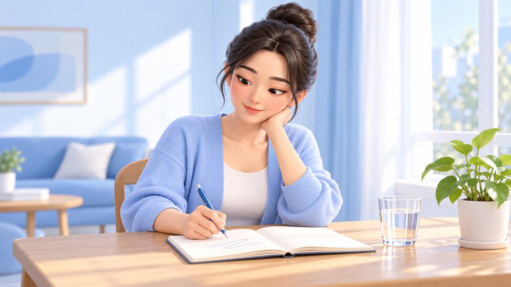 회복 기록 노트에 하루 한 줄을 적는 여성 — 창가 책상 위 노트와 물잔