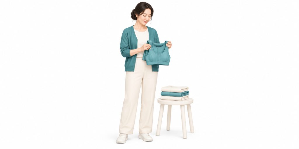 수술 한 달 무렵 압박복을 정리하며 개어 두는 여성