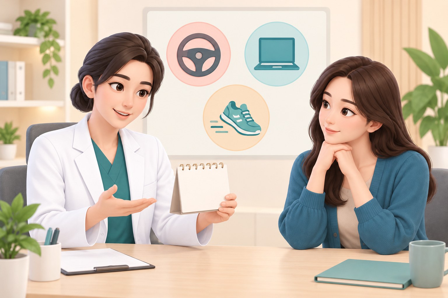 진료실에서 의료진이 탁상 달력을 들고 운전·사무·운동 일정을 설명하는 3D 일러스트