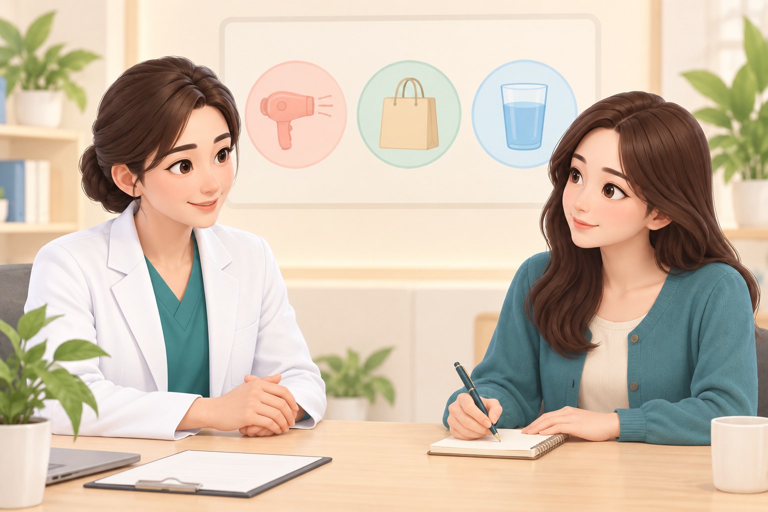 진료실에서 환자가 수첩에 궁금한 점을 적고 의료진이 경청하는 3D 일러스트
