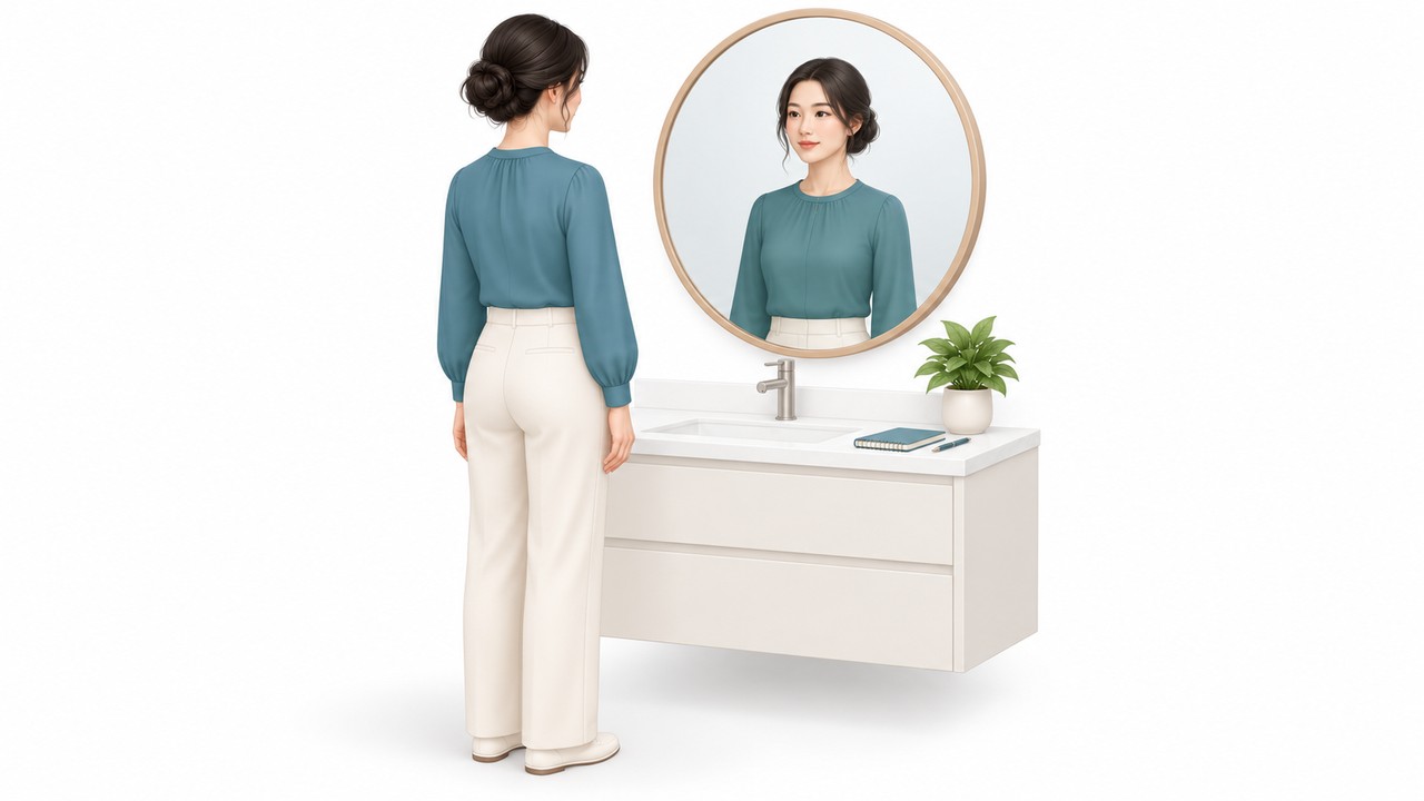 세면대 거울 앞에 선 여성이 손을 내린 채 거울 속 자신의 모습을 차분히 바라보고, 세면대 위에 작은 노트와 펜이 놓여 있는 장면 — 턱지방흡입 회복기 거울 앞 점검