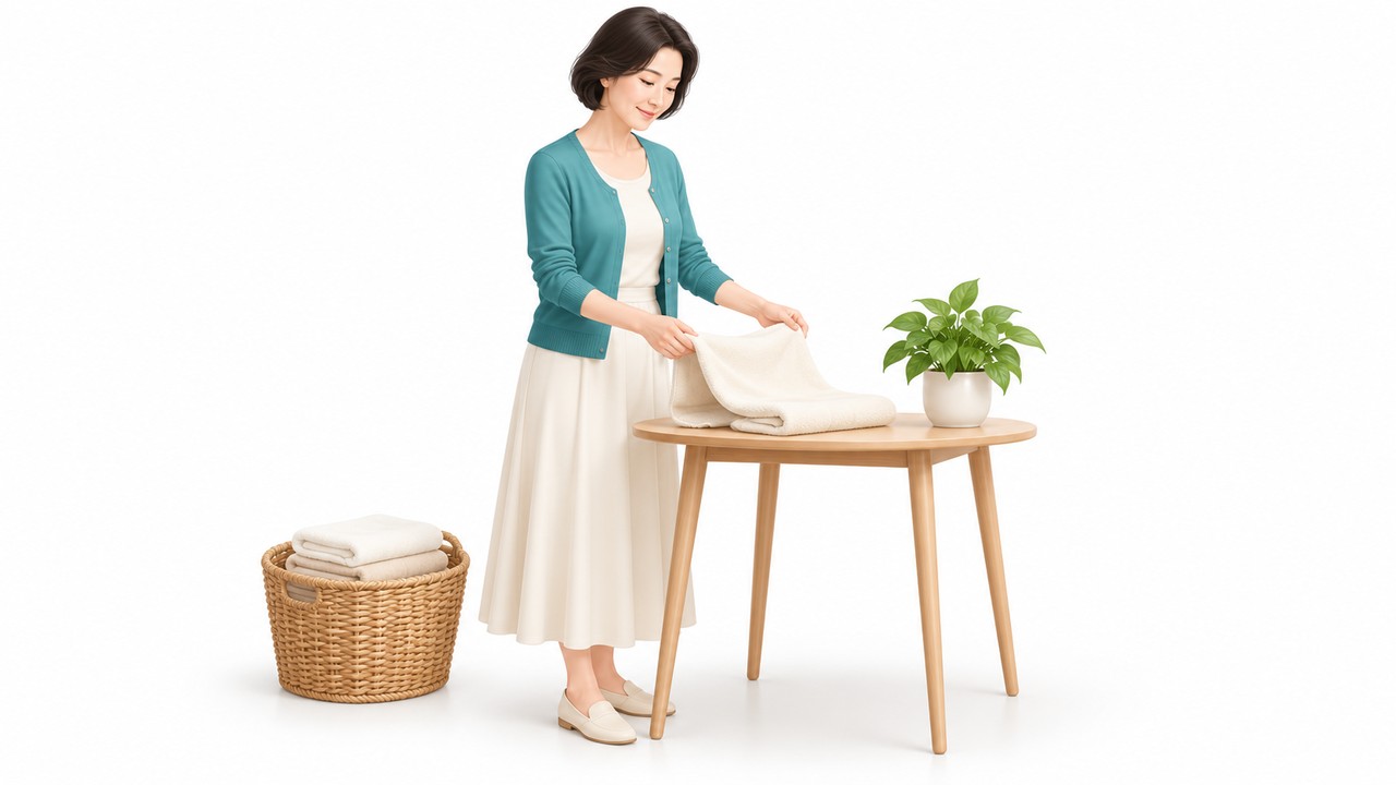 차분한 표정의 여성이 탁자 앞에서 가벼운 수건을 개키는 모습 — 컨디션이 좋은 날 가벼운 집안일부터 천천히 시작하는 활동 복귀
