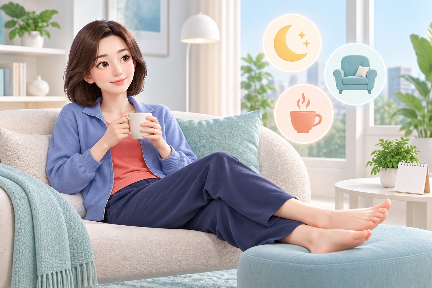 편안한 거실에서 휴식하며 회복 일정을 보내는 여성의 3D 삽화