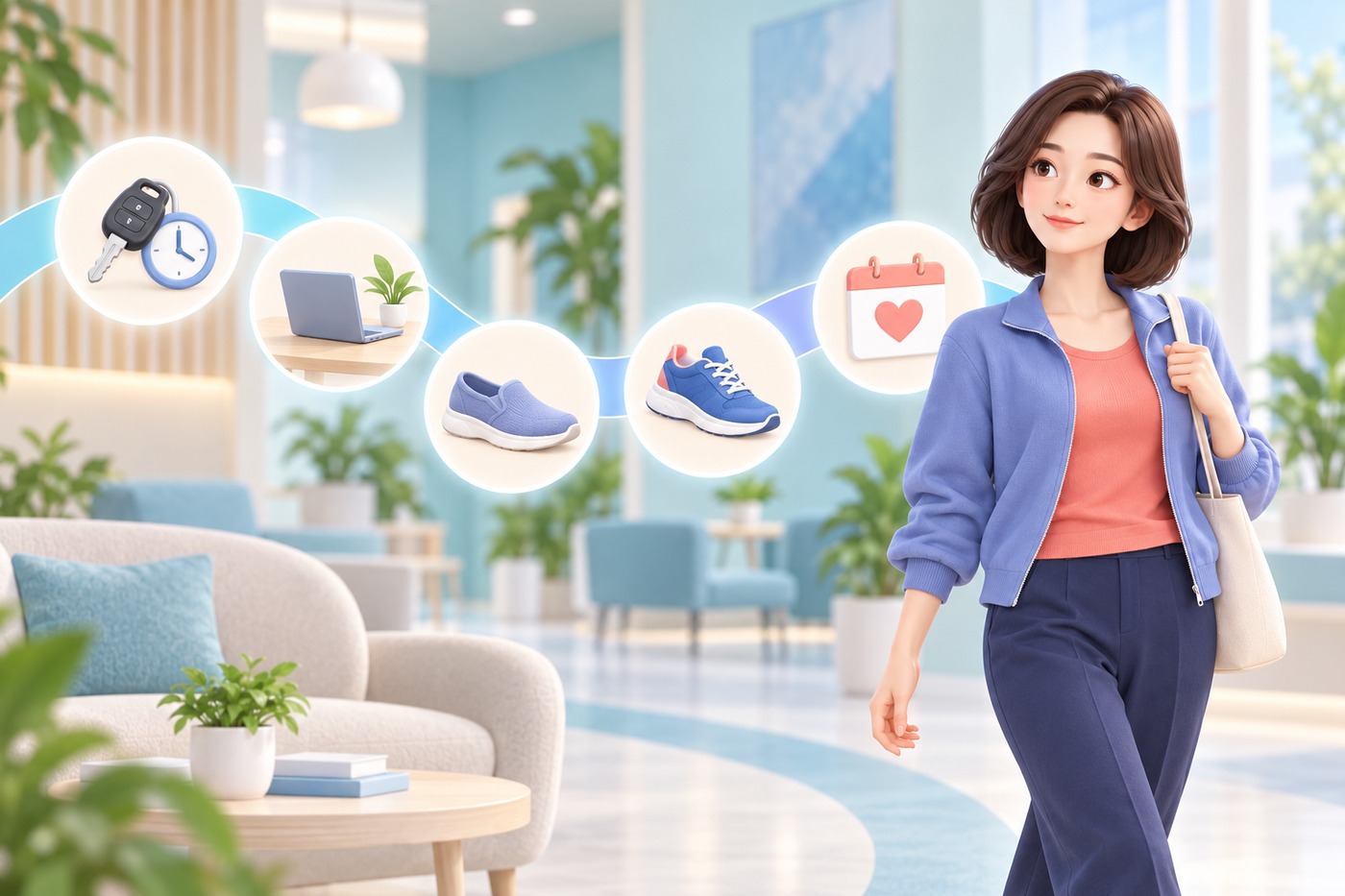 운전과 업무, 걷기와 운동으로 이어지는 회복 활동 단계를 다섯 아이콘으로 표현한 3D 삽화