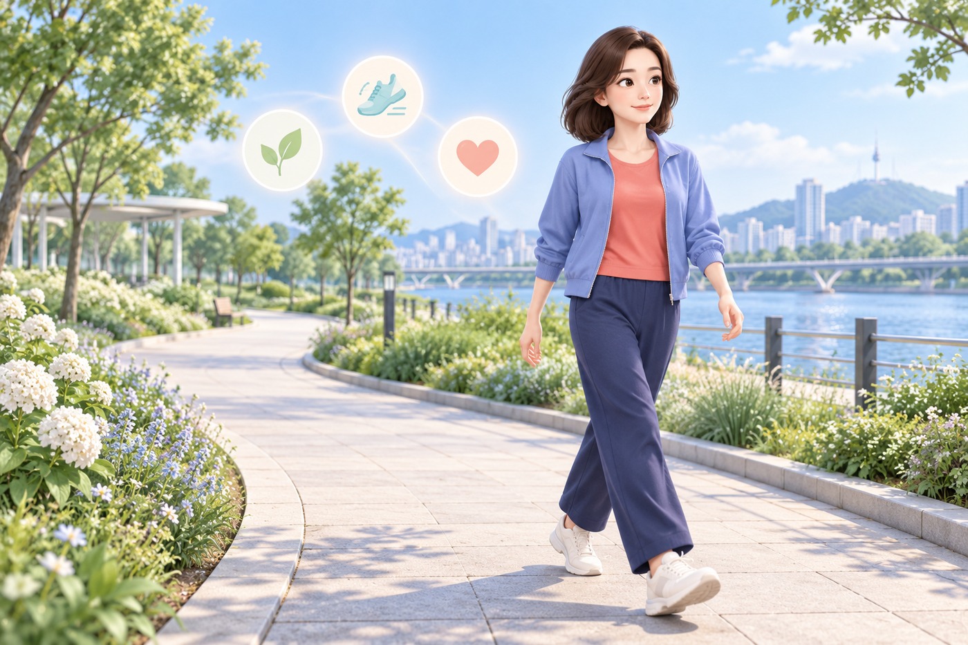 공원 길에서 천천히 산책하며 활동량을 늘리는 여성의 3D 삽화