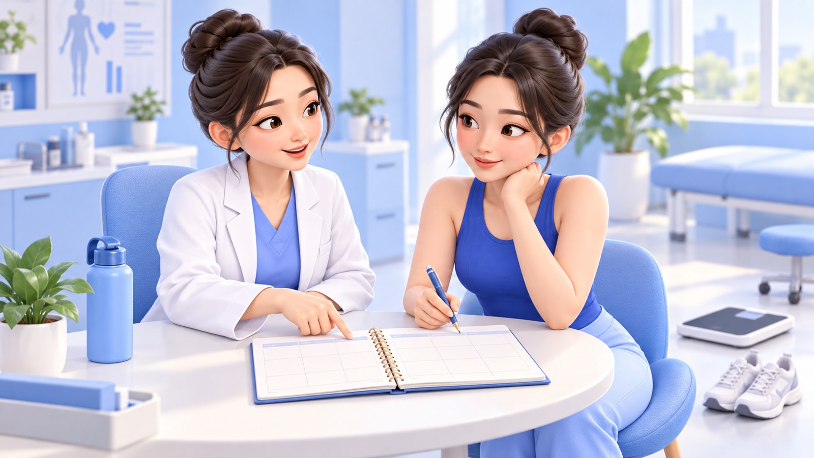 주간 플래너를 함께 보며 관리 루틴을 이야기하는 환자와 의료진 일러스트