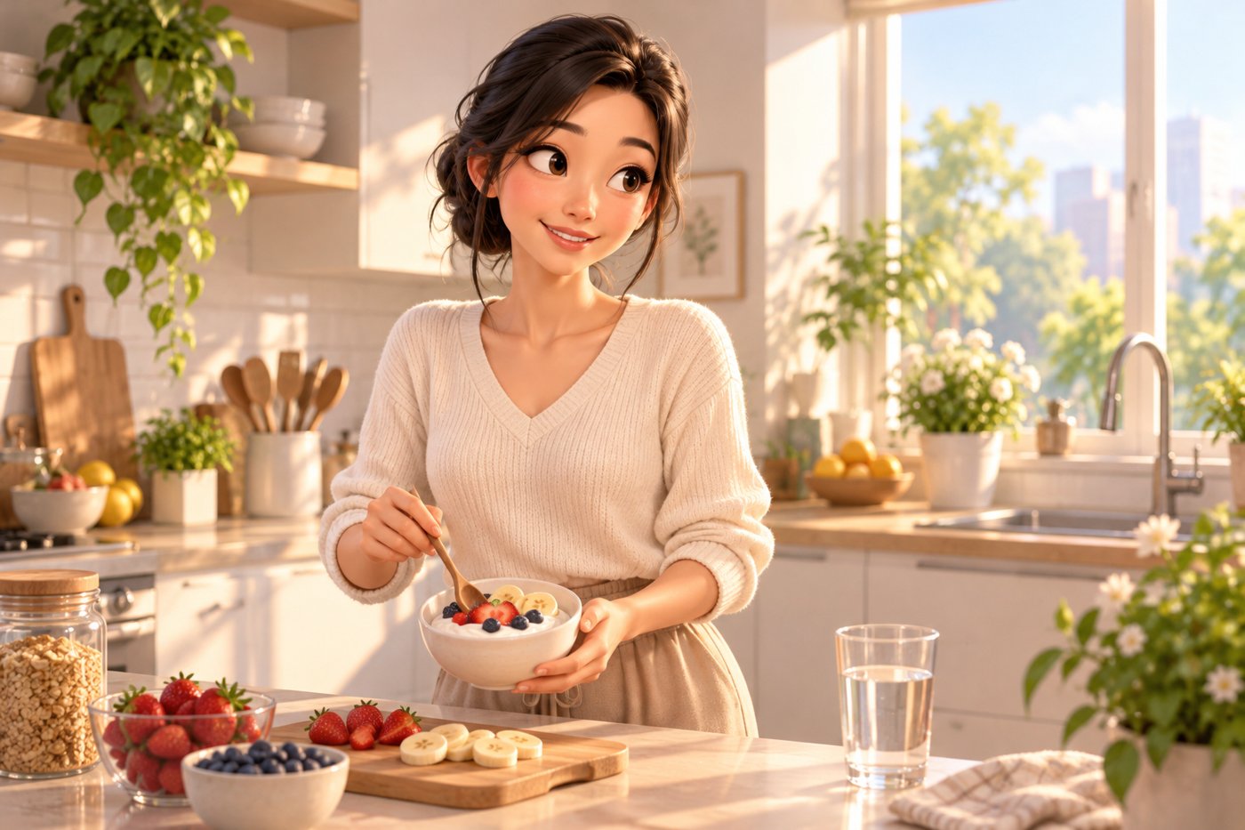 허벅지 지방흡입을 앞두고 집 안 아침 동선을 정리하며 간단한 식사를 준비하는 여성의 삽화
