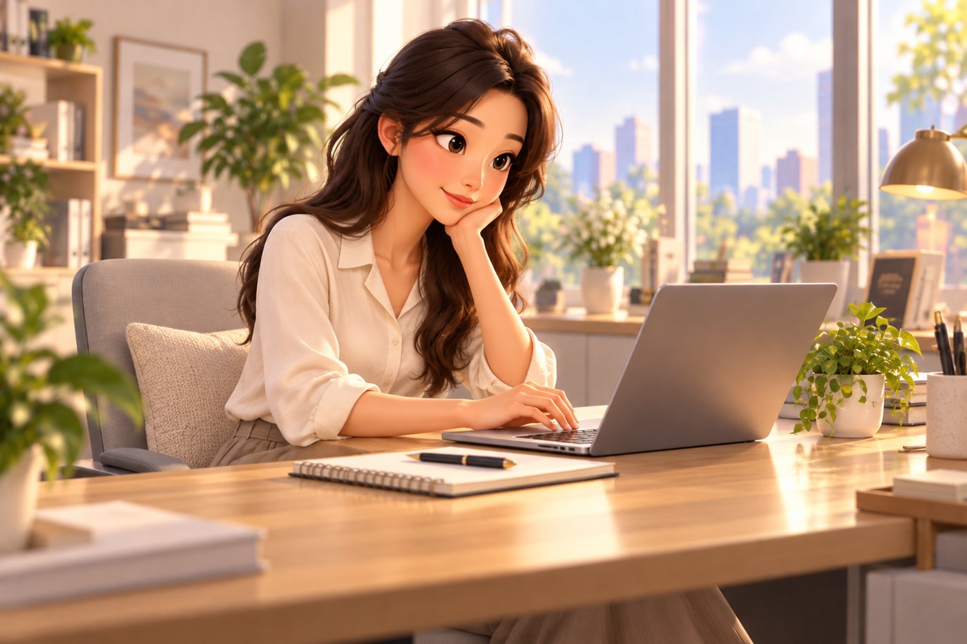 허벅지 지방흡입 후 일상 복귀를 준비하며 사무실 책상에서 노트북으로 일하는 여성의 삽화